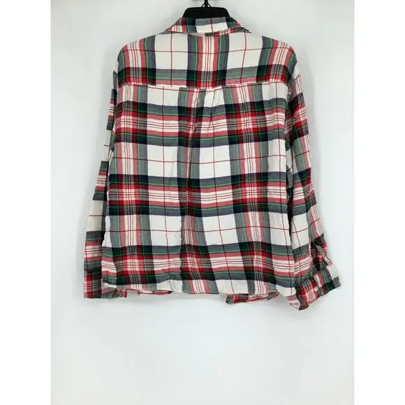 Aerie Women's XL White Green Off Duty Plaid Flannel Pajama Shirt Lounge I31-1 - Picture 4 of 8